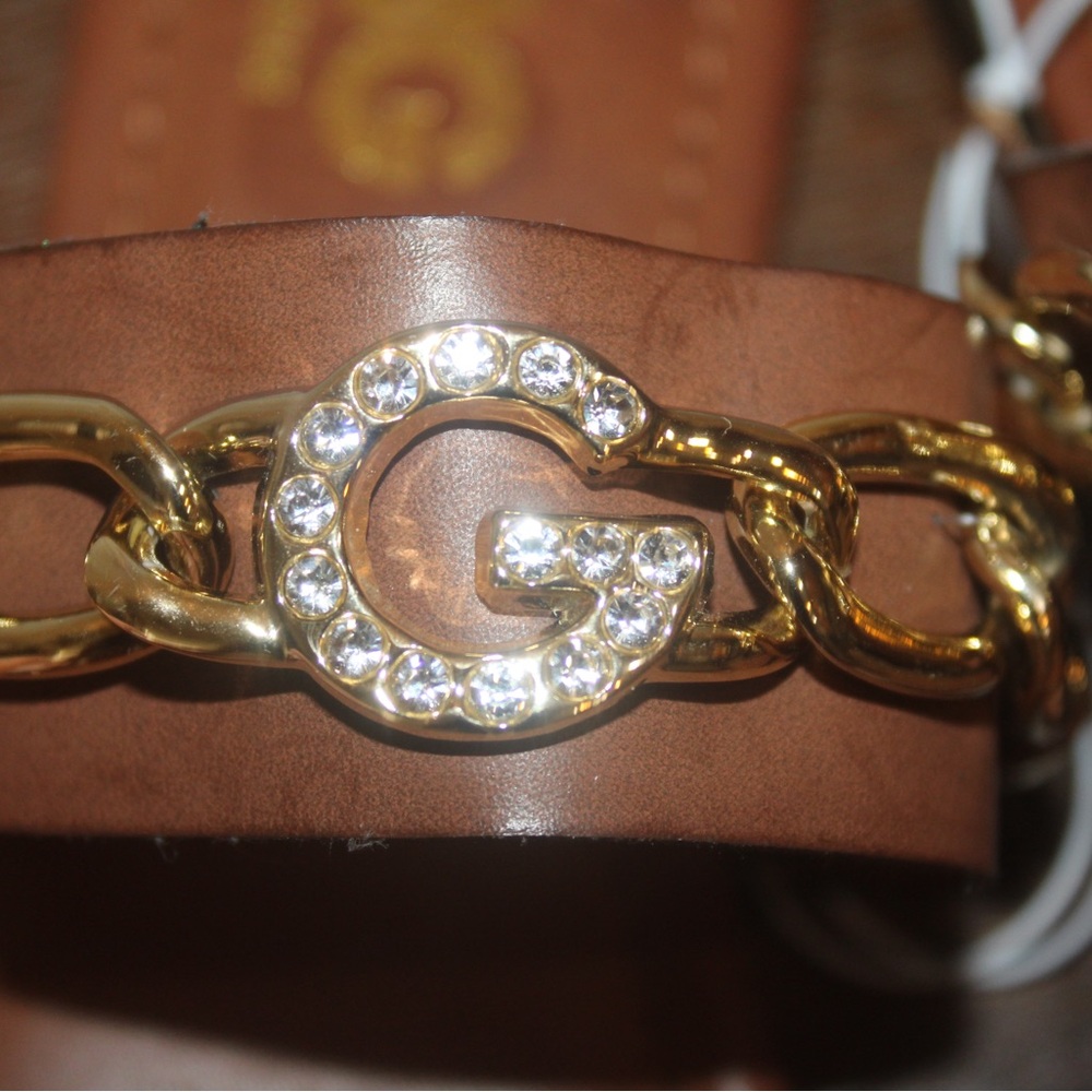 GBG Los Angeles 7.5 NEW Brown Leather Toe Insert Sandals with Gold Chain - Picture 12 of 13